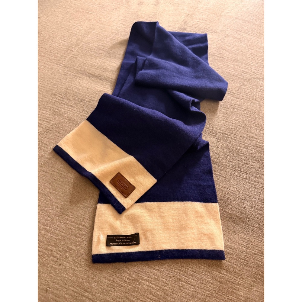 Coach Scarf Unisex 100% Merino Wool Colorblock OS Navy Blue Cream Excellent